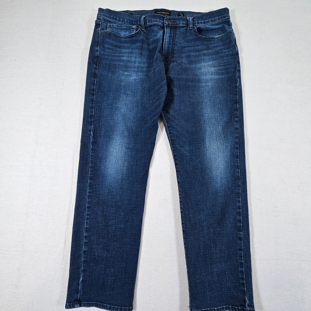 Lucky Brand 121 Slim Jeans Mens 38/30 Dark Wash Blue Denim Whiskered 7MP1876